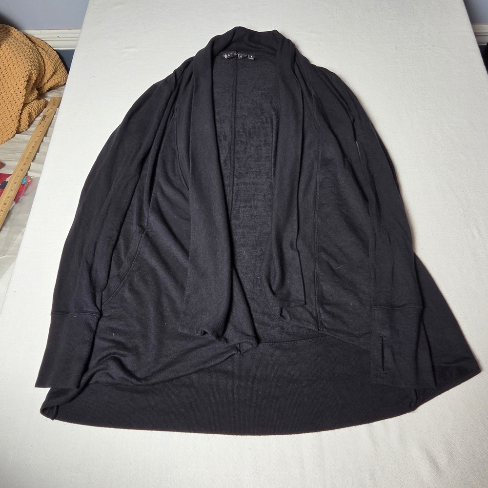 Athleta Pranayama Wrap Cardigan Black Open Front Thumbhole Pockets Small